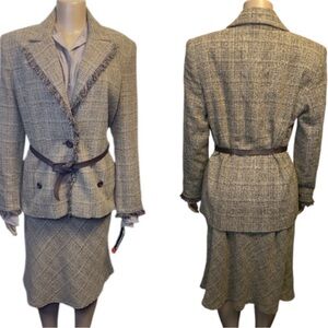 SAG Harbor Tweed Skirt Suit  Camel Belted Fringe  Size 14